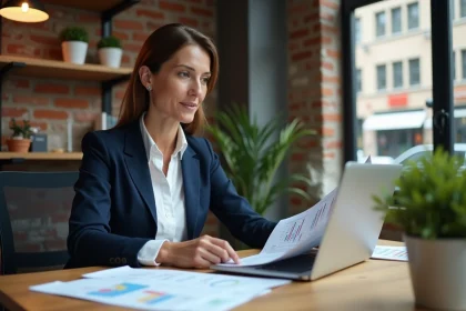 Professionnelle analysant une stratégie de marketing local sur ordinateur portable dans un bureau moderne