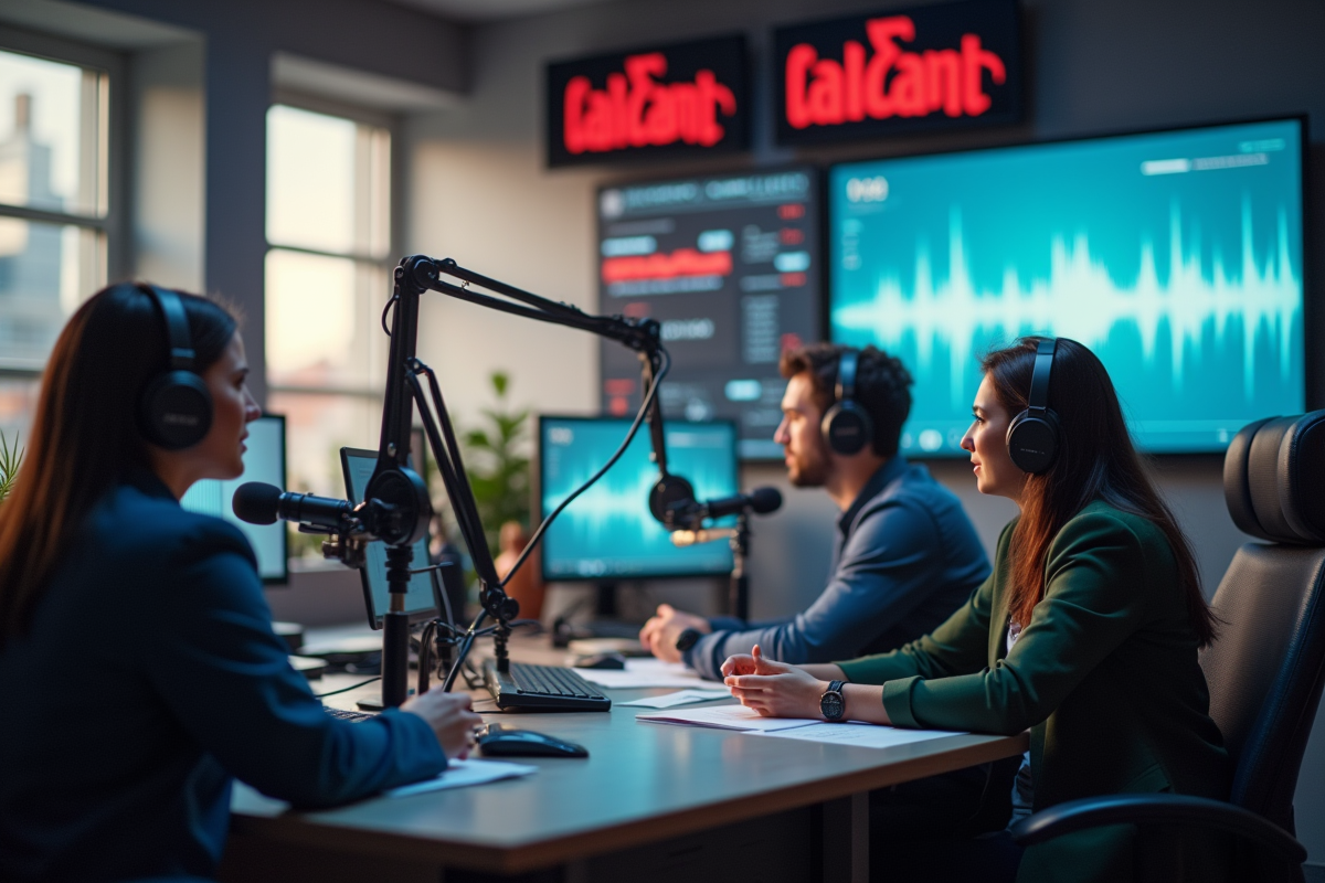 Studio radio moderne avec microphones et écrans audio