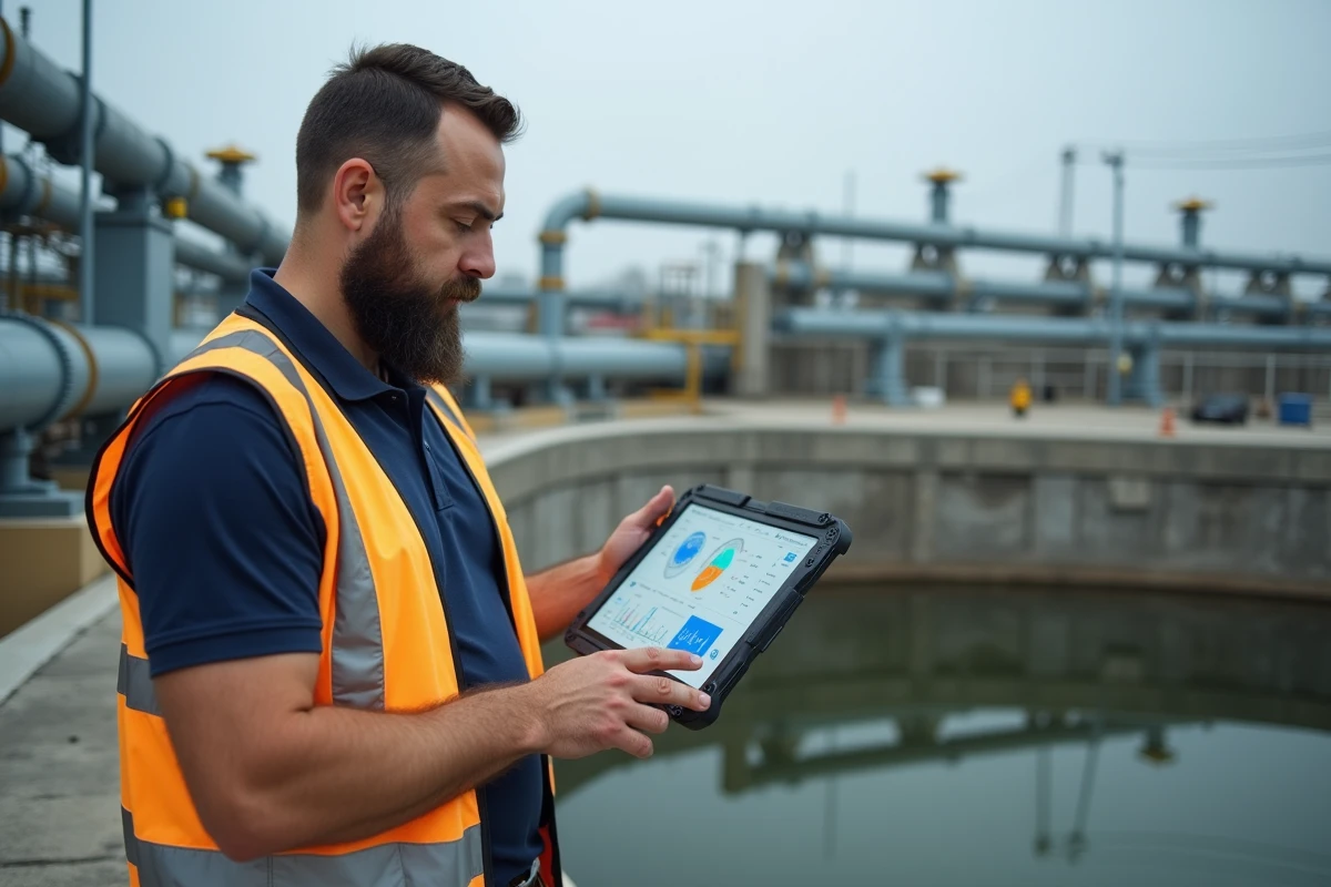 Technicien terrain consultant le logiciel WATERP sur tablette pr&egrave;s d'une installation de traitement d'eau