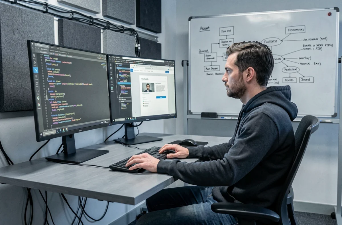 Développeur web de Technova Web codant un site internet sur un poste de travail à trois écrans dans un bureau tech moderne