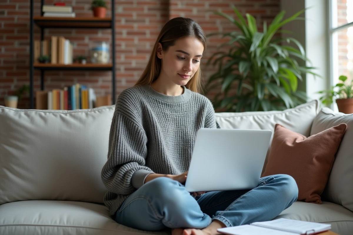 Jeune femme travaillant sur un tableau de bord comptable automatisé depuis son domicile