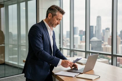 Homme d'affaires français en costume marine dans un bureau moderne avec vue sur la ville, incarnant le leadership et la réussite professionnelle