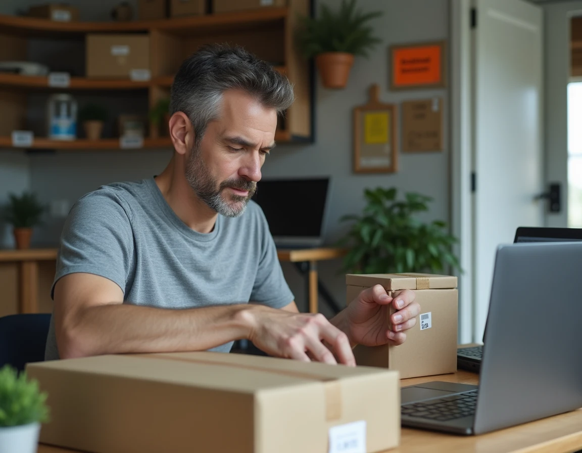 Homme effectuant du travail d'emballage à domicile dans un bureau personnel, avec ordinateur portable et boîtes d'expédition étiquetées