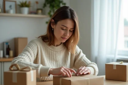 Femme travaillant à domicile sur une mission d'emballage de produits, entourée de cartons et de matériaux d'emballage sur une table en bois