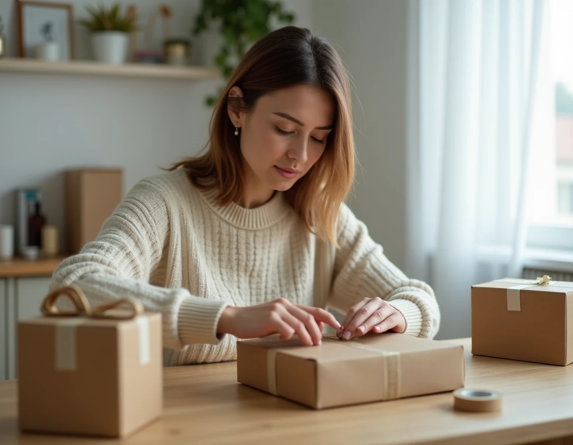 Femme travaillant à domicile sur une mission d'emballage de produits, entourée de cartons et de matériaux d'emballage sur une table en bois