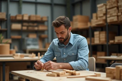 Travailleur en ESAT assemblant des pièces en bois dans un atelier protégé, illustrant le travail adapté et le salaire ESAT