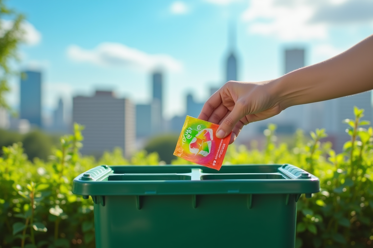 Main plaçant un objet recyclable dans une poubelle de tri extérieure