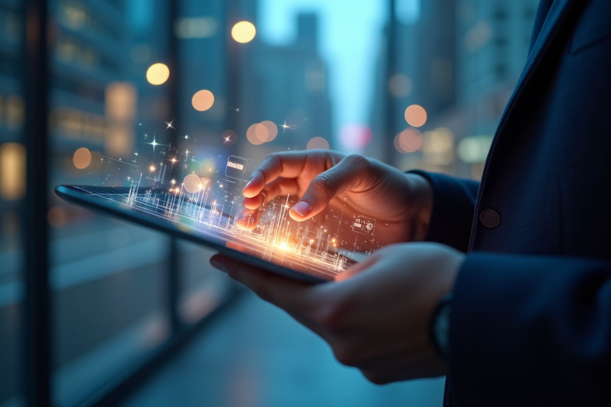 Mains utilisant une tablette avec interface de realite augmentee