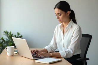Femme professionnelle utilisant une application de gestion du temps sur laptop dans un bureau minimaliste moderne