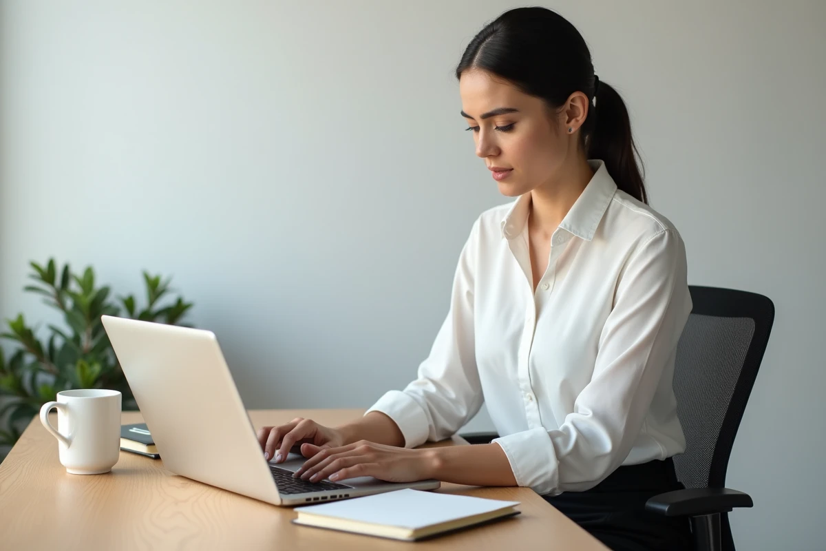 Femme professionnelle utilisant une application de gestion du temps sur laptop dans un bureau minimaliste moderne