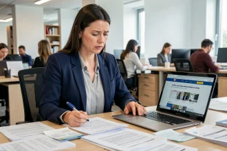 Femme en blazer navy consultant des fiches de paie et documents administratifs à son bureau pour vérifier les cotisations Urssaf de son contrat intérim