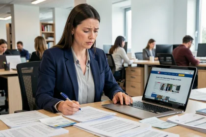 Femme en blazer navy consultant des fiches de paie et documents administratifs à son bureau pour vérifier les cotisations Urssaf de son contrat intérim